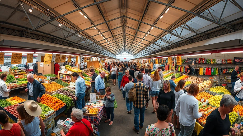 Wide angle view of crowded farmers market with multiple vendor stalls displaying fresh produce, shoppers browsing and selecting items, community gathering atmosphere, diverse crowd enjoying market experience