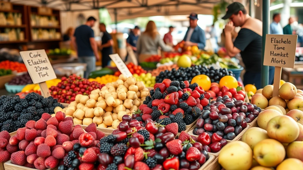 Detailed shot of farmers market vendor arranging fresh berries, stone fruits, and seasonal produce on display table, wooden signage visible, natural daylight, customers shopping in background