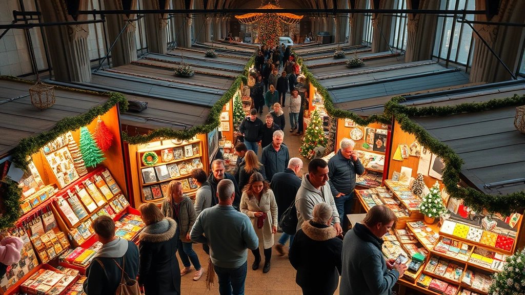 Overhead shot of bustling holiday market vendor booths with colorful artisanal products, shoppers browsing, wrapped gifts, festive decorations, warm lighting, authentic local marketplace atmosphere, professional photography, no text visible