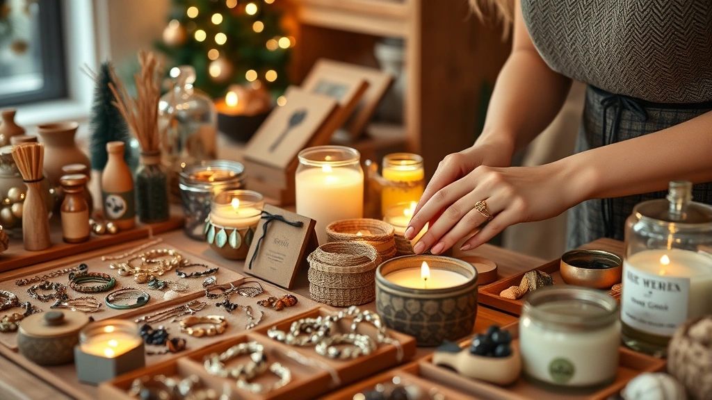 Close-up of vendor hands arranging handmade jewelry, candles, and artisanal goods on display table with soft holiday lighting, authentic craftsmanship details, warm professional ambiance, no price tags or signage