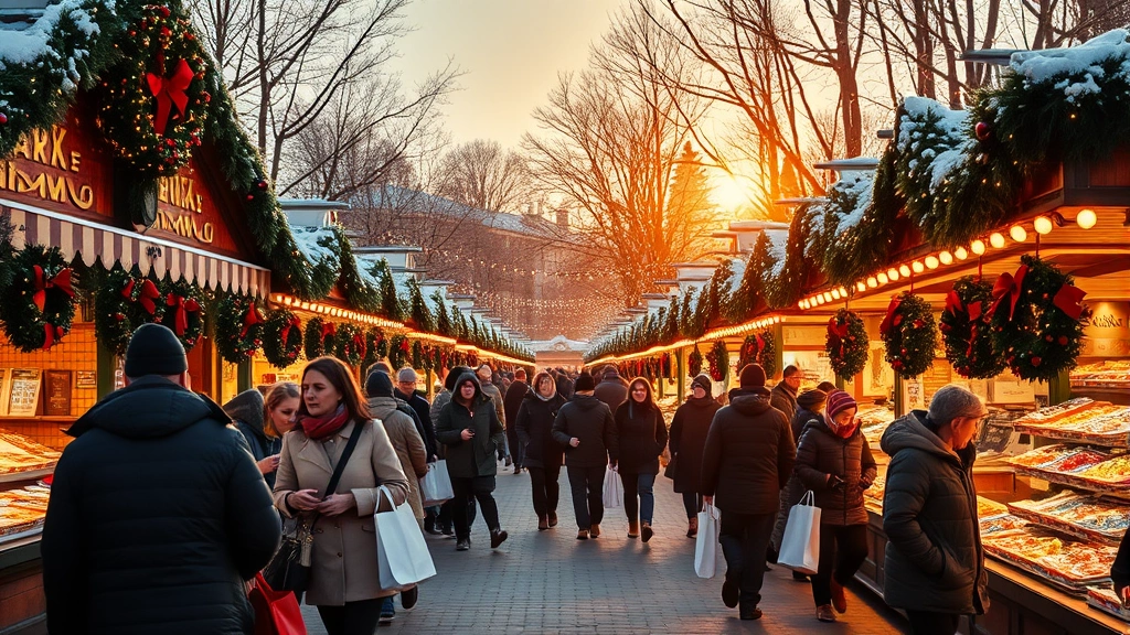 Wide angle of Christmas market during golden hour with vendor booths, festive wreaths, shoppers with shopping bags, twinkling lights, winter atmosphere, community gathering feeling, professional retail environment documentation