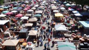 Aerial view of sprawling outdoor flea market with hundreds of vendor booths, colorful umbrellas, diverse shoppers walking between stalls filled with vintage furniture, antiques, and merchandise on sunny day
