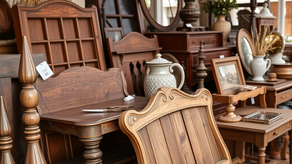 Close-up of vintage wooden furniture pieces and decorative items arranged on flea market vendor booth, showing condition details and price tags, natural lighting highlighting patina and character