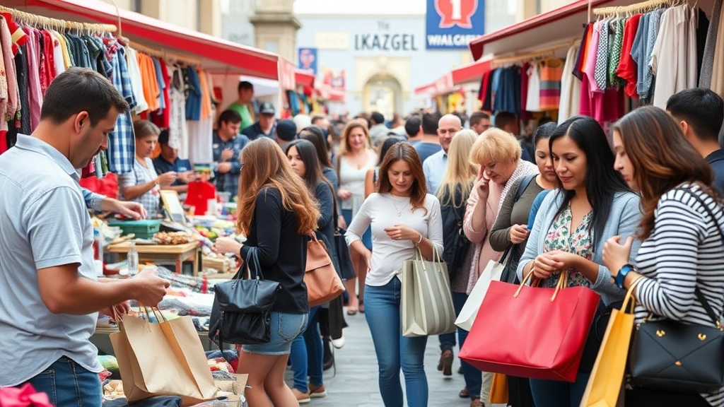 Diverse group of shoppers browsing flea market vendor stalls, examining items carefully, negotiating with vendors, shopping bags in hand, capturing authentic marketplace activity and community atmosphere