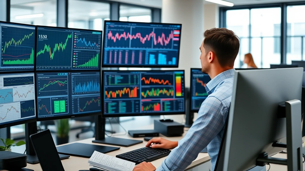 Professional business analyst reviewing market data on multiple computer monitors in modern office environment, wearing business casual attire, surrounded by financial charts and analytics dashboards