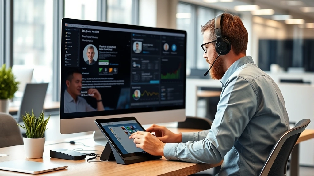 Customer service representative assisting client through multiple channels simultaneously - computer, tablet, and phone visible on desk - in contemporary corporate office with natural lighting
