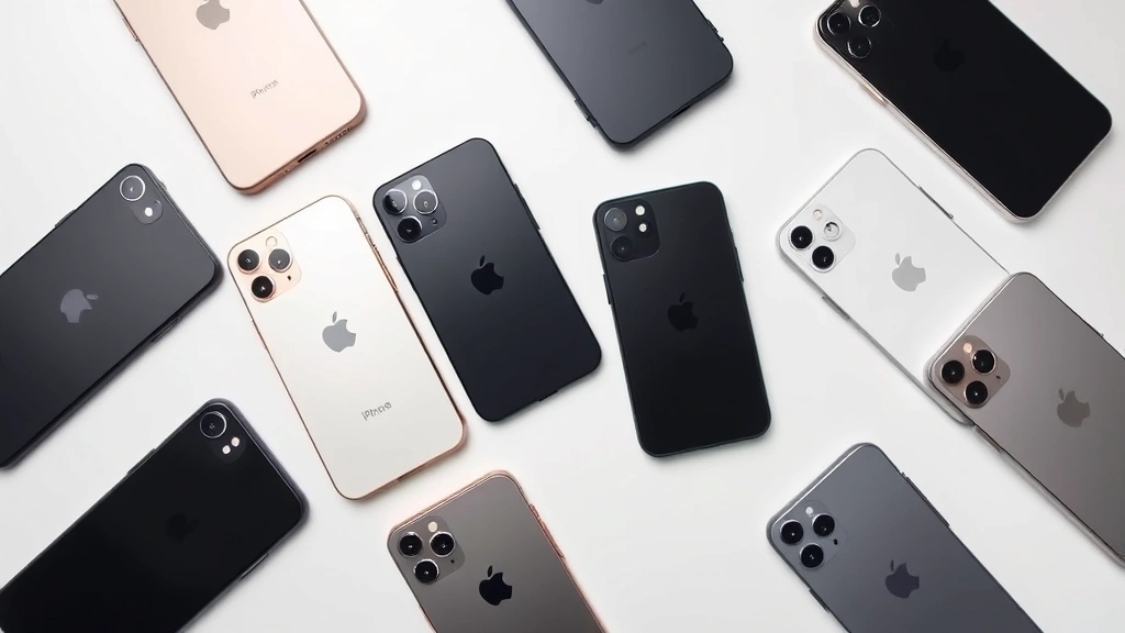 Professional flat lay of multiple refurbished iPhones in excellent condition arranged on a clean white desk with subtle shadows, showing various color options and minimal wear, business photography style