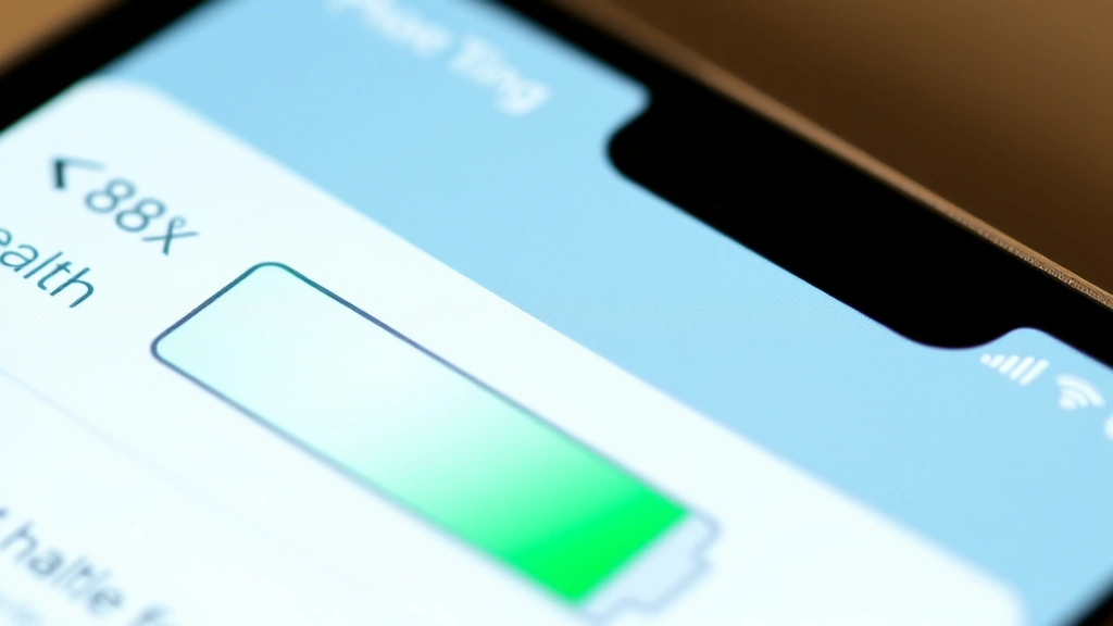 Close-up of smartphone battery health percentage displayed on iPhone settings screen showing 88% battery health, clean bright interface, macro photography of device display