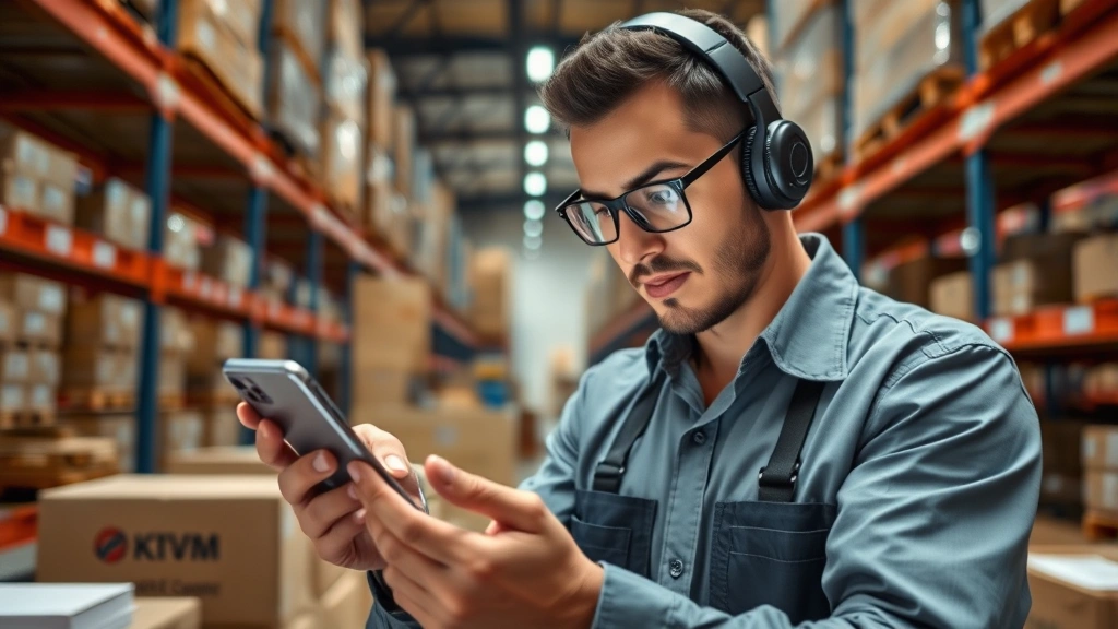 Warehouse or fulfillment center worker carefully inspecting and testing a refurbished iPhone for quality assurance, checking screen responsiveness and device functionality, professional business environment