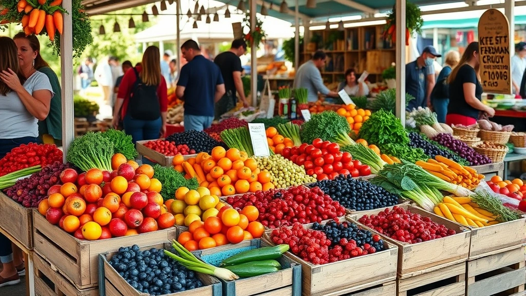 Vibrant farmers market stall featuring fresh colorful seasonal vegetables, berries, and produce arranged in wooden crates and baskets, with customers browsing and selecting items, natural morning light, authentic market atmosphere