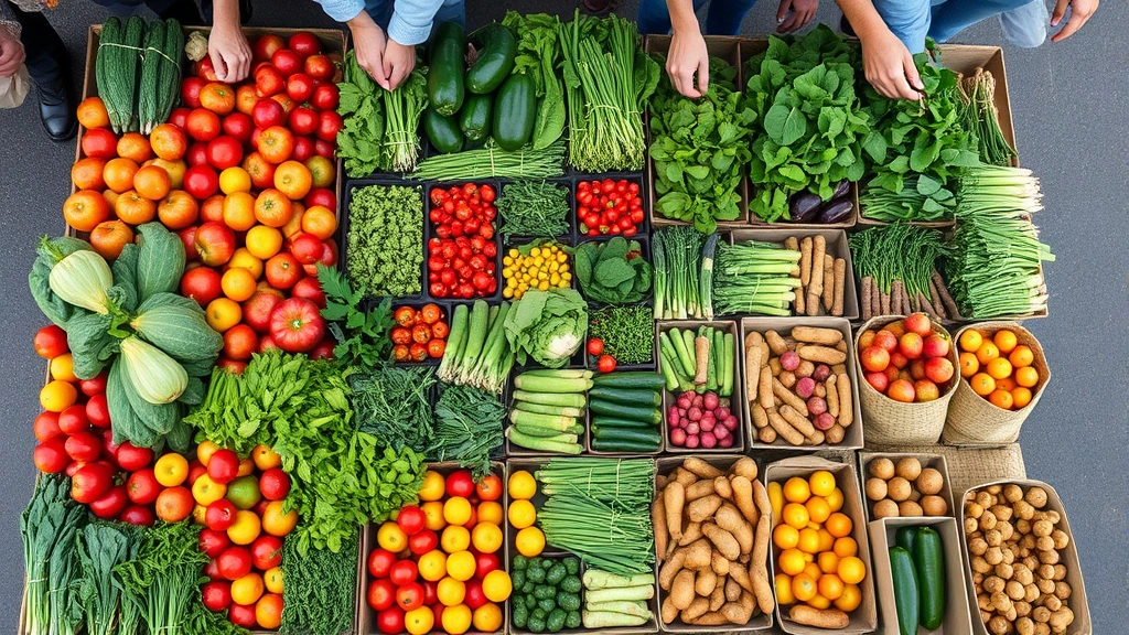 Overhead view of diverse farmers market produce display with heirloom tomatoes, leafy greens, fresh herbs, stone fruits, and root vegetables neatly organized, customers with reusable bags shopping, community market environment