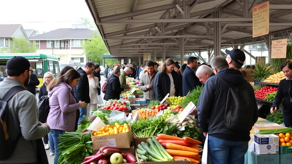 Busy farmers market scene with multiple vendor stalls, customers examining fresh products, vendor interactions and transactions occurring, covered market structure, Seattle neighborhood backdrop, authentic local commerce activity