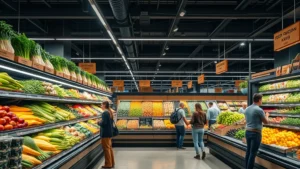 Professional grocery store produce section with fresh vegetables and fruits displayed on tiered shelving, bright LED lighting, customers browsing, wooden signage with prices, clean floor, upscale market aesthetic