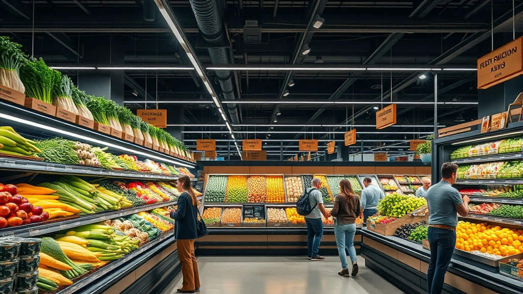 Professional grocery store produce section with fresh vegetables and fruits displayed on tiered shelving, bright LED lighting, customers browsing, wooden signage with prices, clean floor, upscale market aesthetic