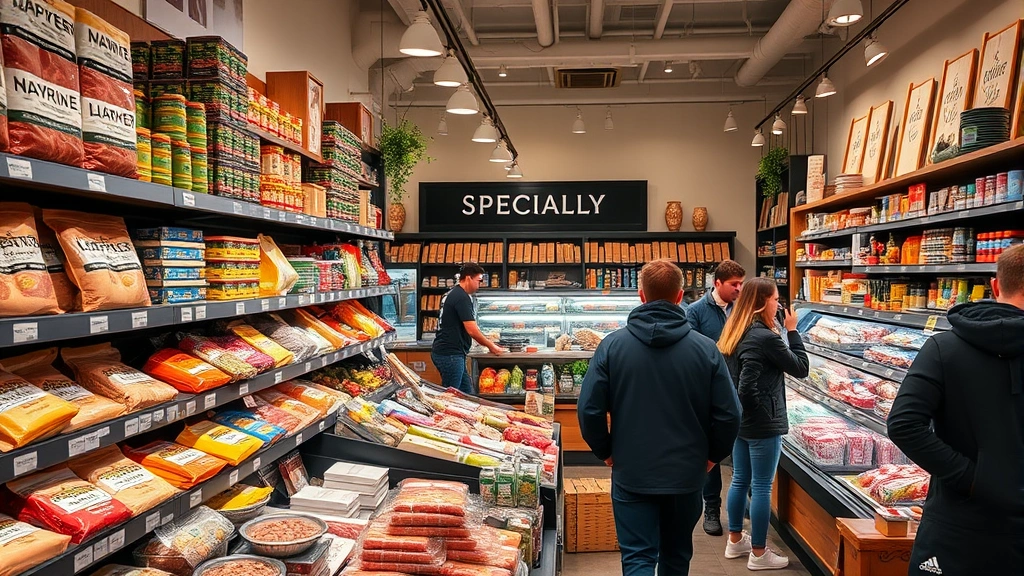 Independent specialty market interior showing organized shelves with packaged goods, butcher counter with staff in background, warm lighting, diverse product displays, customers shopping, professional retail environment