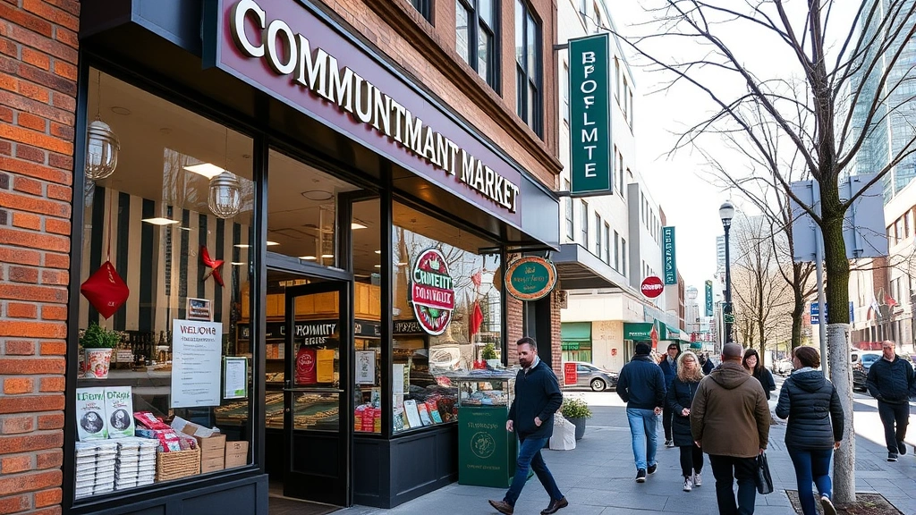 Community-focused neighborhood market storefront exterior at street level, large windows displaying products, pedestrians walking nearby, urban Seattle setting, daylight, welcoming entrance, local business signage