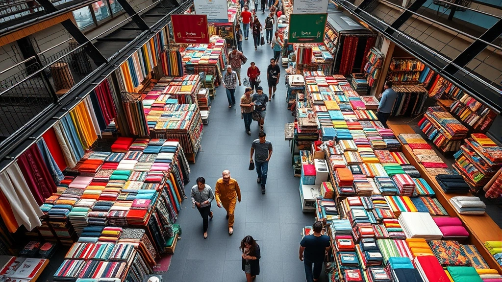 Overhead view of a bustling Bangkok market with colorful textile stalls, vendors arranging merchandise, and shoppers browsing products among rows of vibrant fabric displays and commercial goods