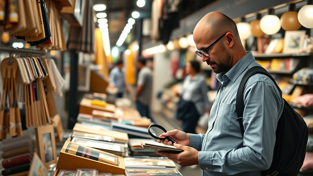 Professional business buyer examining product samples at a vendor stall in Bangkok market, comparing items with notebook and magnifying glass, authentic market setting with multiple merchandise displays
