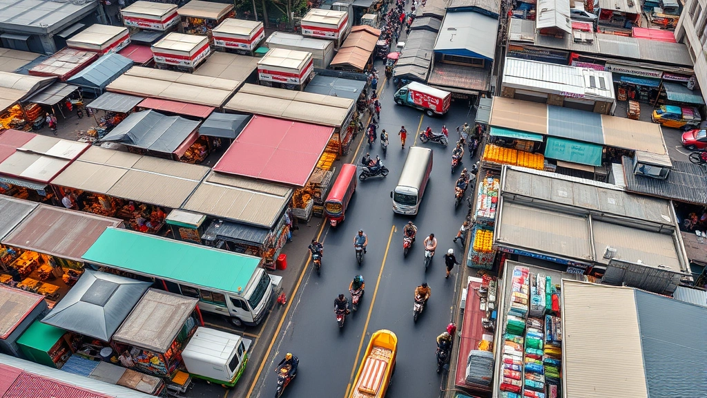 Aerial perspective of Bangrak Market Bangkok showing interconnected vendor zones, crowded shopping areas near Silom Road, delivery vehicles, and the organized chaos of Southeast Asian wholesale commerce
