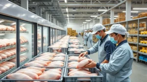 Professional poultry distribution center with workers organizing fresh chicken packages in refrigerated storage, modern warehouse setting with temperature-controlled environment and organized inventory systems