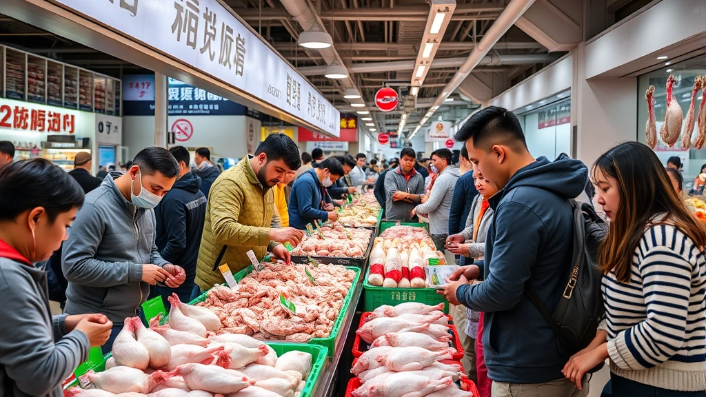Busy urban market scene with customers selecting fresh poultry products at retail counter, diverse shoppers examining quality of chickens, modern market stall with professional display and signage