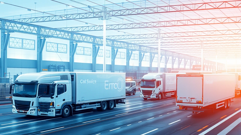 Supply chain logistics visualization showing refrigerated trucks and cold storage facilities, poultry products moving through distribution network, modern transportation and warehouse infrastructure