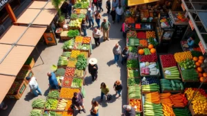 Overhead shot of vibrant farmers market with diverse produce displays, customers browsing colorful vegetables and fruits, wooden vendor stalls, natural sunlight, busy weekend atmosphere, authentic community gathering