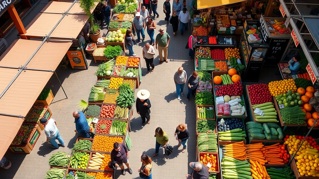 Overhead shot of vibrant farmers market with diverse produce displays, customers browsing colorful vegetables and fruits, wooden vendor stalls, natural sunlight, busy weekend atmosphere, authentic community gathering