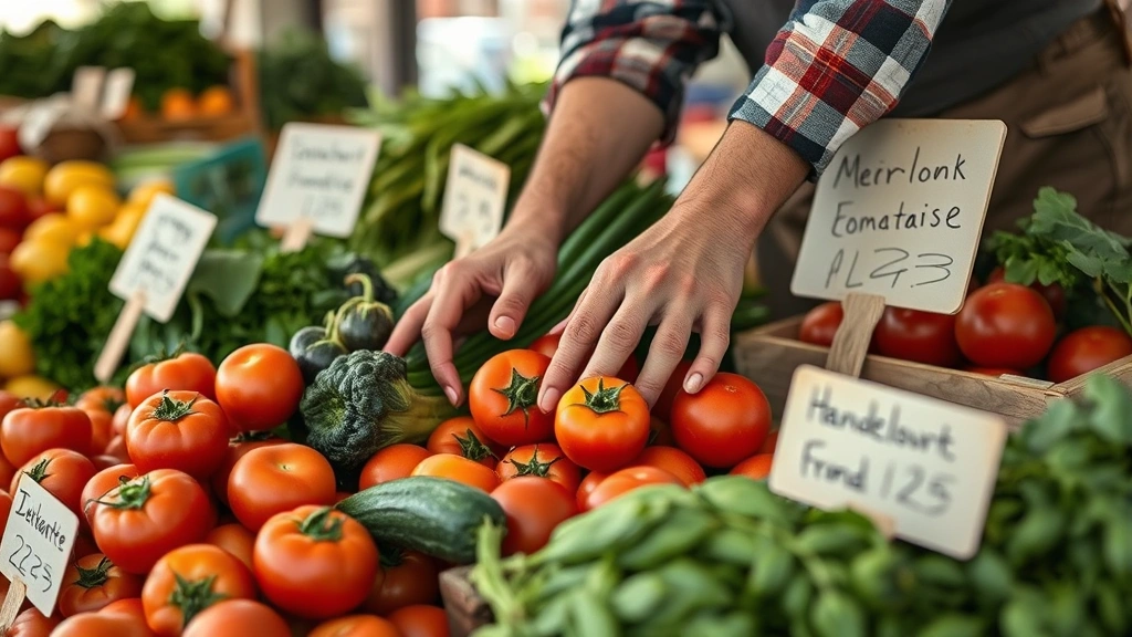 Close-up of farmer's hands arranging fresh organic vegetables at market stand, heirloom tomatoes and seasonal produce, handwritten price signs, wooden crate displays, natural morning light, authentic farmer portrait