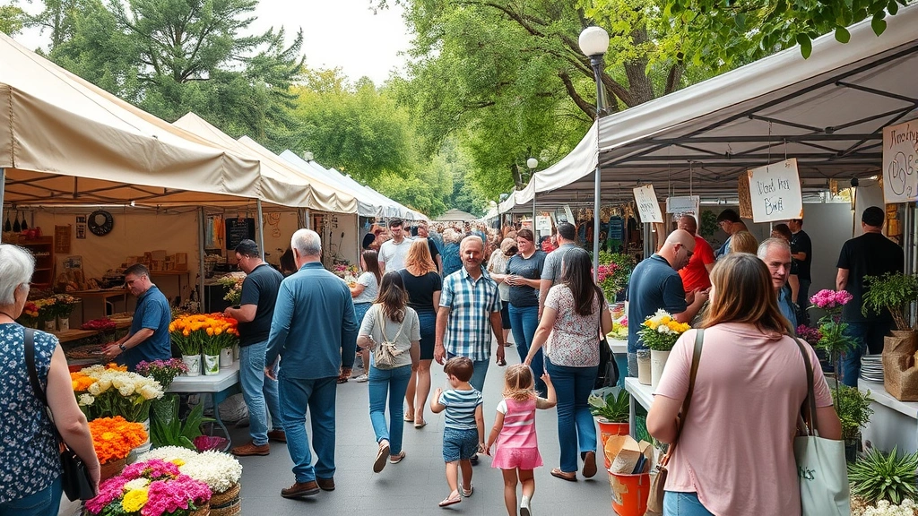 Wide angle of farmers market crowd with multiple vendor booths, fresh flowers, artisanal goods, families shopping, community interaction, outdoor market setting with trees, professional photography of local commerce