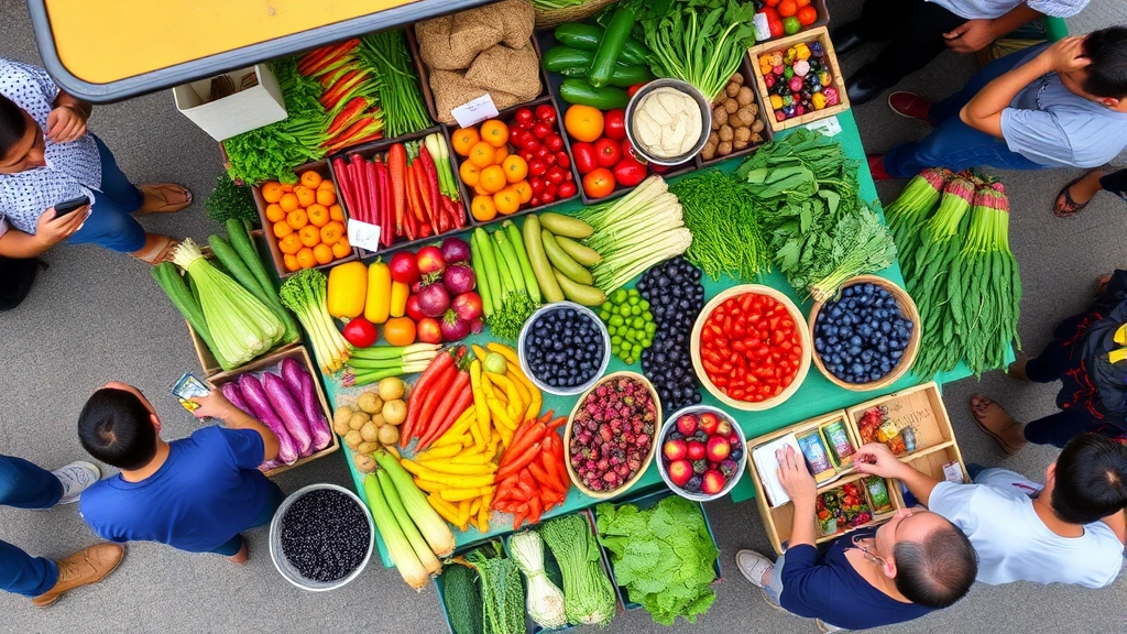 Overhead shot of a vibrant farmers market produce stand with colorful fresh vegetables, baskets of berries, and a vendor arranging products, busy market atmosphere with customers browsing