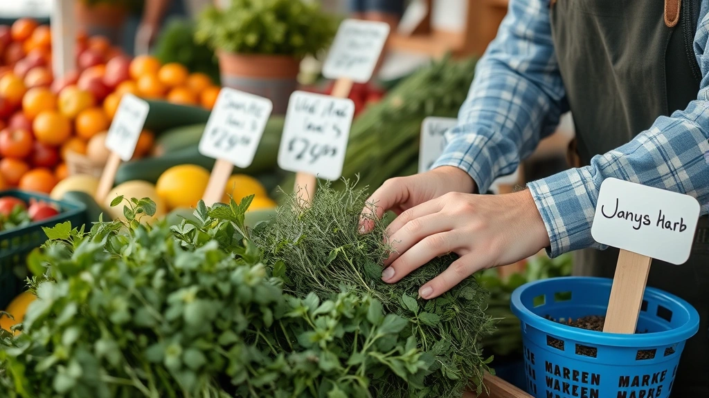 Close-up of a farmers market vendor's hands organizing fresh herbs and produce at their booth, displaying pricing signs and arrangement techniques, natural daylight on products