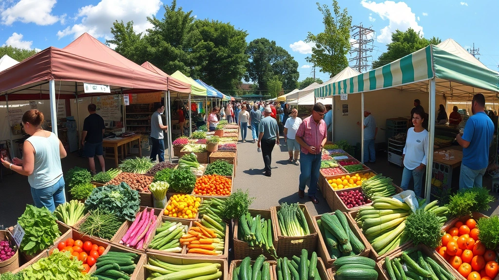 Wide angle view of a bustling outdoor farmers market with multiple vendor booths, diverse customers shopping, seasonal vegetables displayed, community gathering atmosphere on a sunny day
