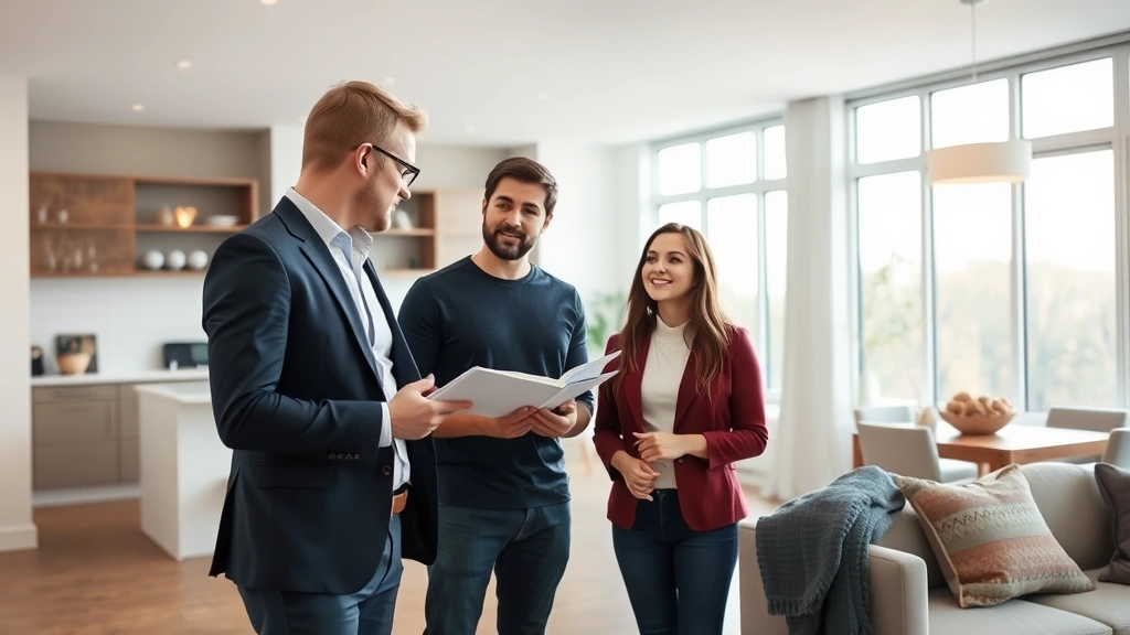 Professional real estate agent showing modern home interior to young couple during property viewing, natural lighting from large windows, contemporary kitchen visible in background