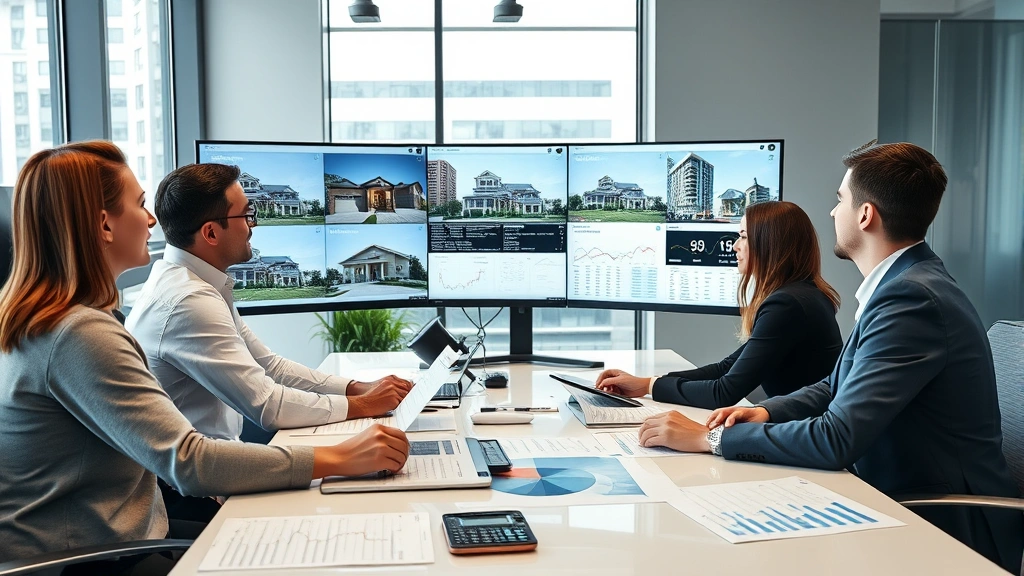Diverse team of real estate professionals in modern office reviewing property data on large monitor displays, papers and market analysis charts on desk, collaborative atmosphere