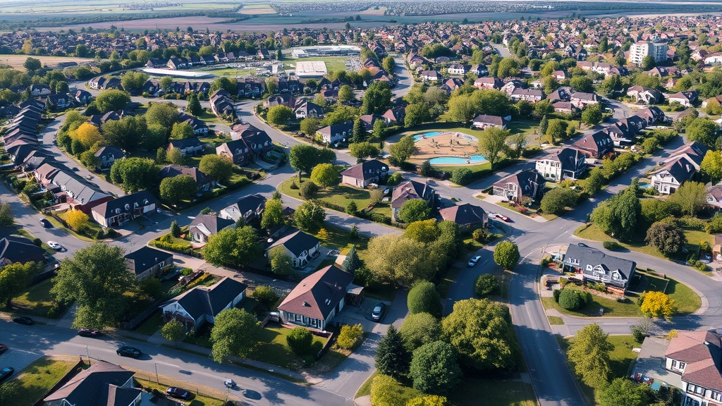 Aerial view of suburban residential neighborhood with mix of newly constructed and established homes, tree-lined streets, community amenities visible, afternoon sunlight