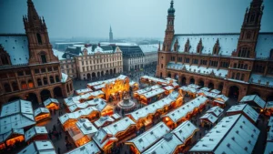 Aerial view of crowded Christmas market with hundreds of wooden vendor chalets arranged in town square, snow-covered roofs, twinkling lights, Gothic architecture surrounding plaza, winter evening with warm golden lighting from stalls