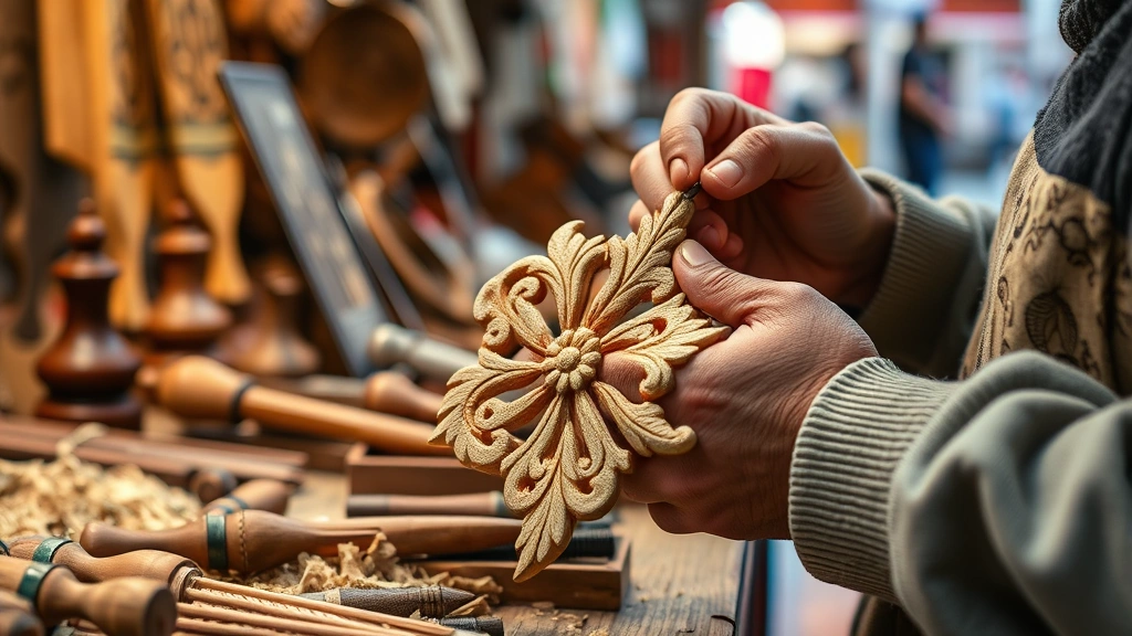 Close-up of artisan craftsperson hand-carving wooden ornament at market vendor stall, wood shavings visible, traditional tools displayed, warm market lighting, genuine craftwork demonstration with detailed detail