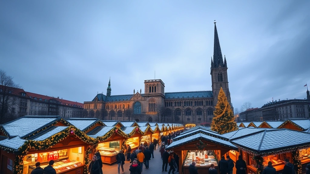 Panoramic evening view of illuminated Christmas market with cathedral or historic building backdrop, multiple rows of decorated vendor booths, festive crowds shopping, snow falling gently, architectural grandeur framing commercial activity
