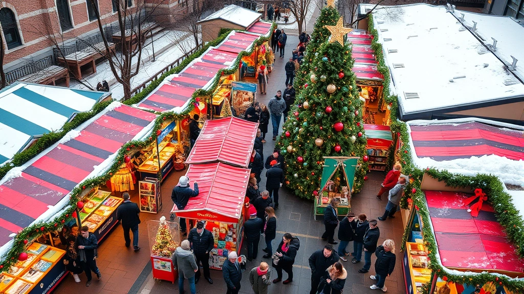 Overhead view of vibrant outdoor holiday market with colorful vendor booths, decorated trees, and shoppers browsing merchandise, festive holiday atmosphere, winter setting