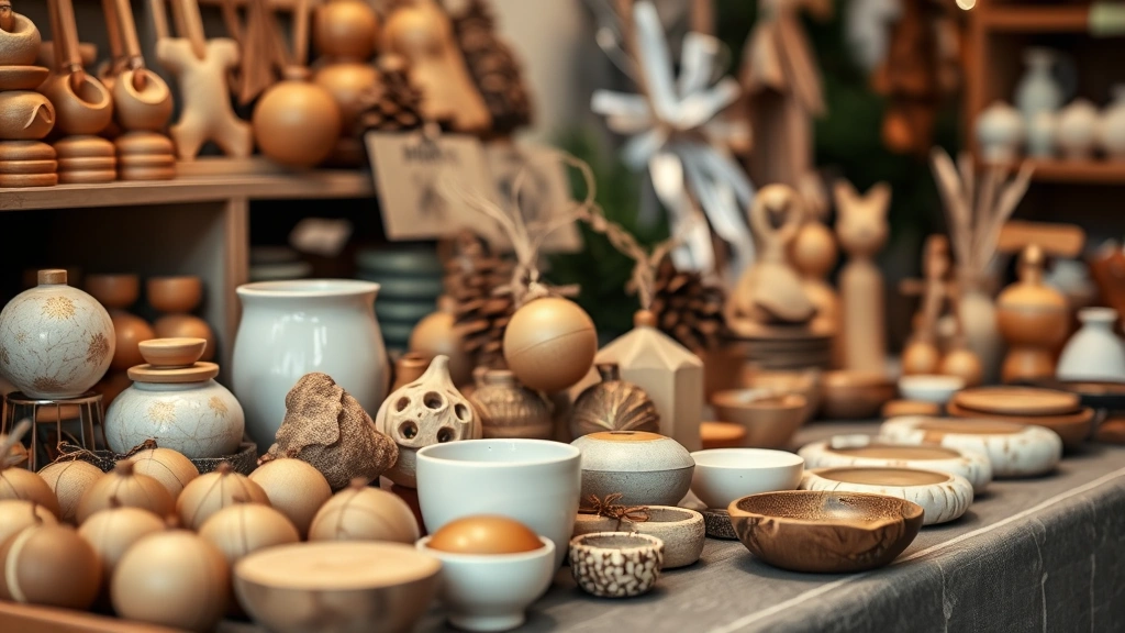 Close-up of artisan handcrafted gift items displayed on vendor table including wooden ornaments, ceramics, and natural products, professional retail presentation, warm lighting