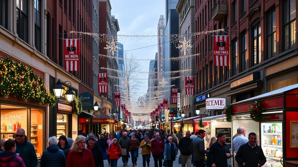 Bustling downtown street scene during holiday season with decorated storefronts, twinkling lights, holiday decorations, and crowds of shoppers walking between vendor booths