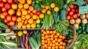 Overhead view of colorful fresh farmers market produce display with organic vegetables, citrus fruits, and leafy greens arranged on rustic wooden market stalls, natural daylight, vibrant produce colors, no signage or text visible