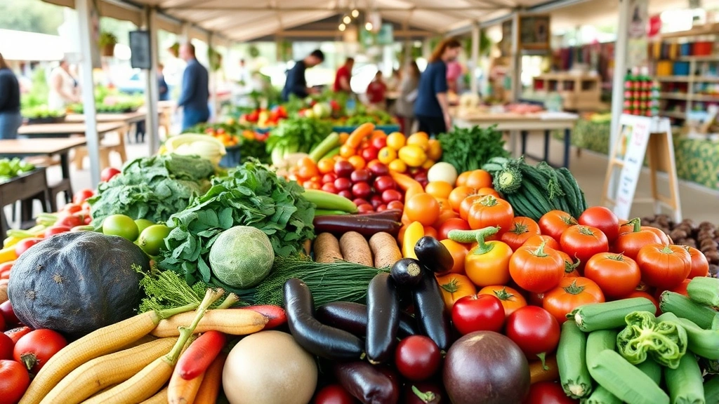 Fresh organic produce display at farmers market with diverse vegetables and fruits, customers browsing vendor tables in background, natural Saturday morning lighting, realistic market environment, no price tags or signs