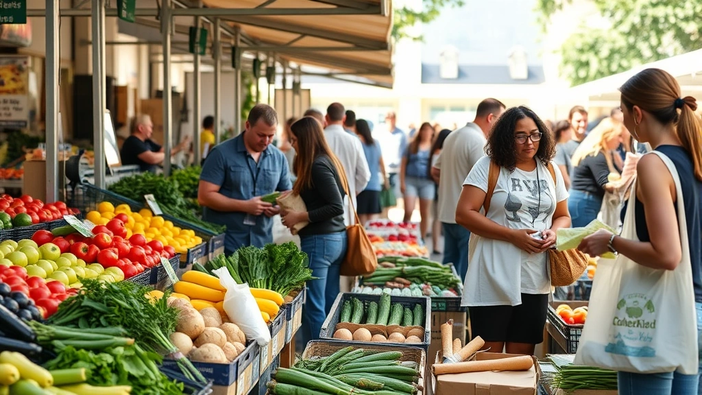 Diverse group of shoppers selecting and examining fresh produce at market stalls during Saturday morning farmers market, natural sunlight, realistic shopping scene, people with reusable bags, no visible signage or text