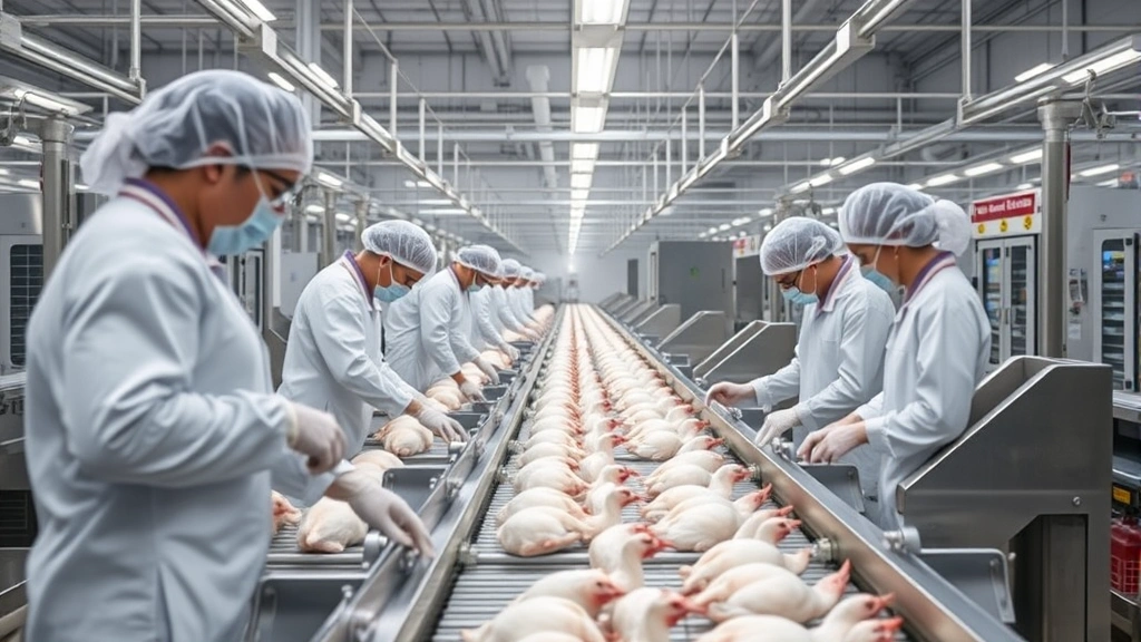 Modern poultry processing facility with workers in white uniforms and hairnets operating advanced automated equipment on stainless steel production lines, bright professional lighting, clean industrial environment