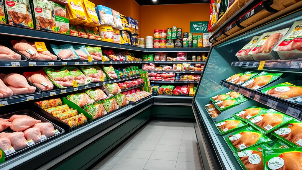 Vibrant supermarket poultry section displaying various packaged chicken products, fresh cuts in refrigerated cases, colorful packaging with organic and premium labels, diverse product presentations
