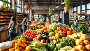 Vibrant farmers market display with fresh organic produce arranged artfully, customers selecting items, natural sunlight illuminating colorful fruits and vegetables, modern market interior