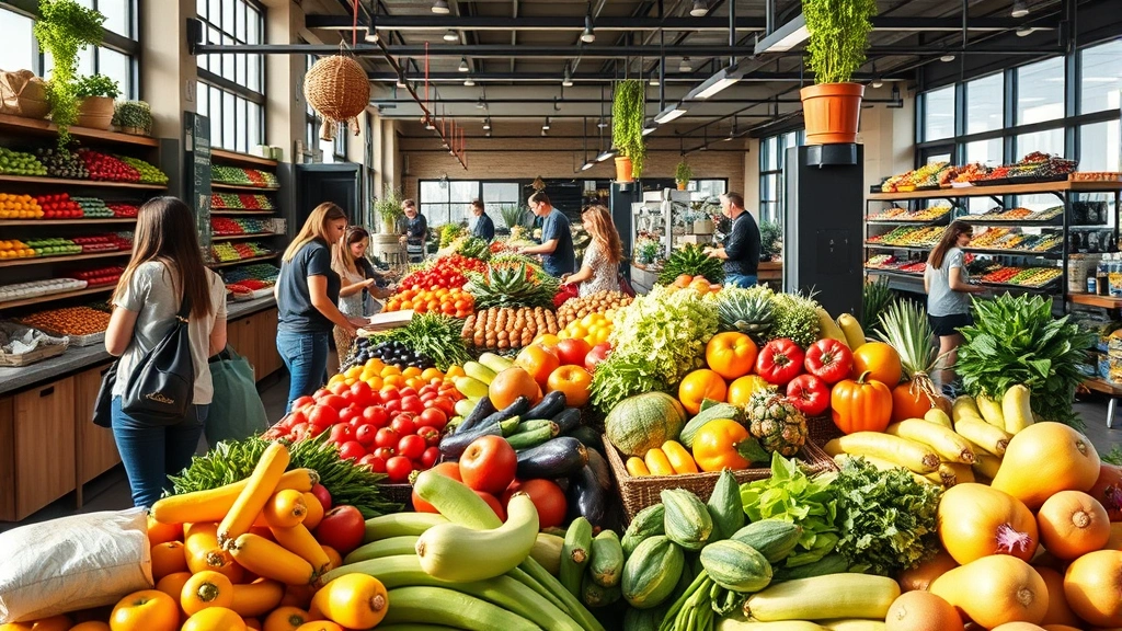 Vibrant farmers market display with fresh organic produce arranged artfully, customers selecting items, natural sunlight illuminating colorful fruits and vegetables, modern market interior