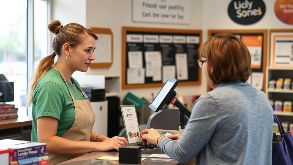 Checkout counter interaction showing staff member engaging with customer, loyalty program display visible, community bulletin board in background with local announcements and postings